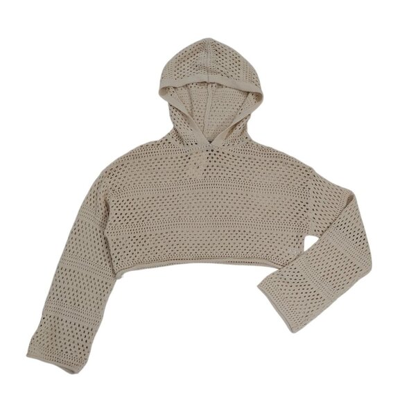 Open Knit Beige Cropped Hoodie Sweater By Sincerely Jules, XS Women Lightweight. - Picture 1 of 8